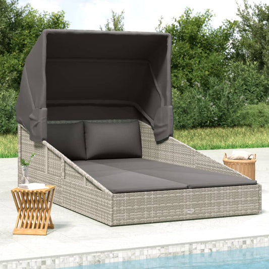 Bain de soleil avec toit pliant gris 200x114x128 cm en résine tressée