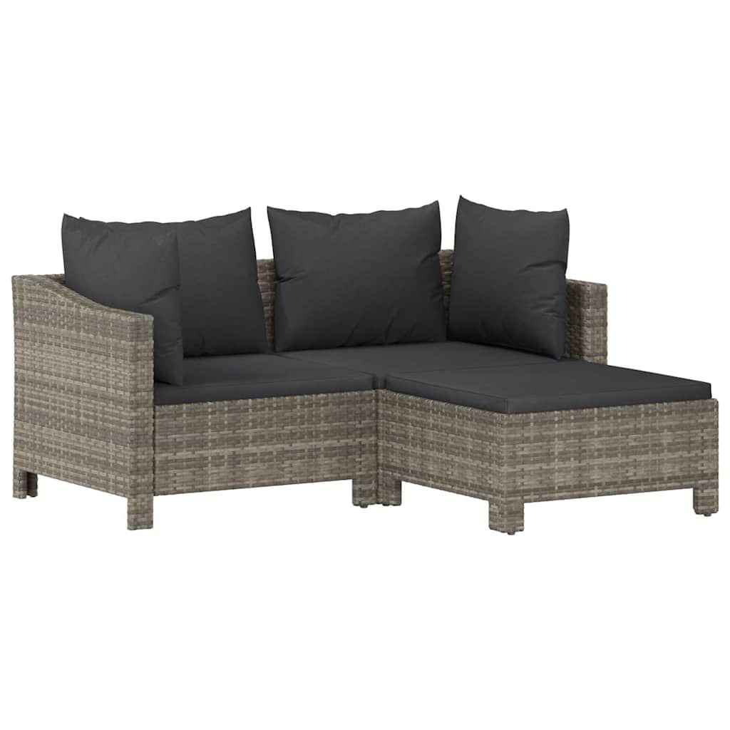 3-tlg. Garten-Lounge-Set mit Kissen Grau Poly Rattan