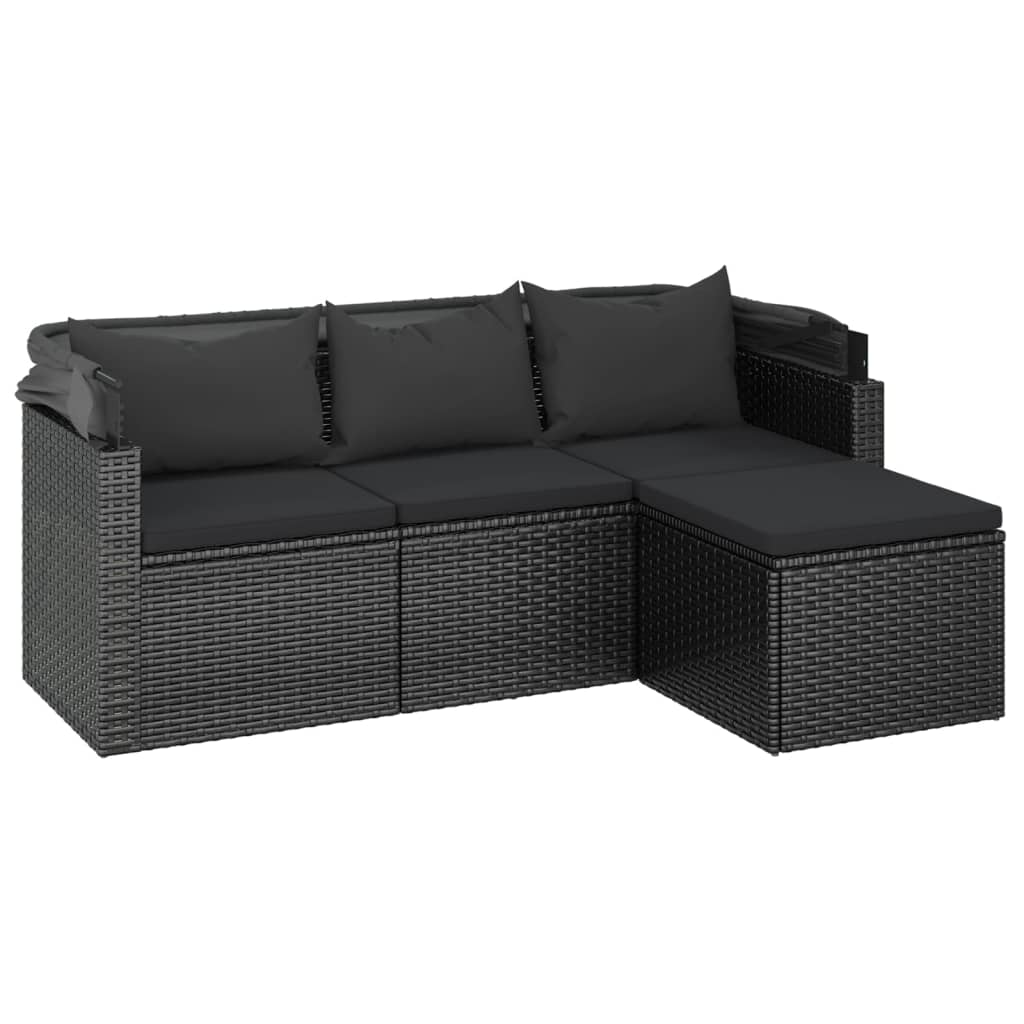 3-Sitzer-Gartensofa mit Dach und Fußhocker Schwarz Poly Rattan