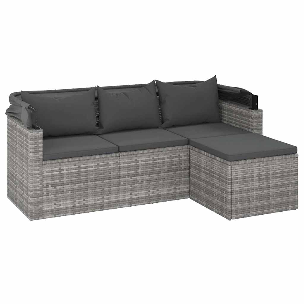 Canapé de jardin 3 places avec toit et repose-pieds en polyrotin gris
