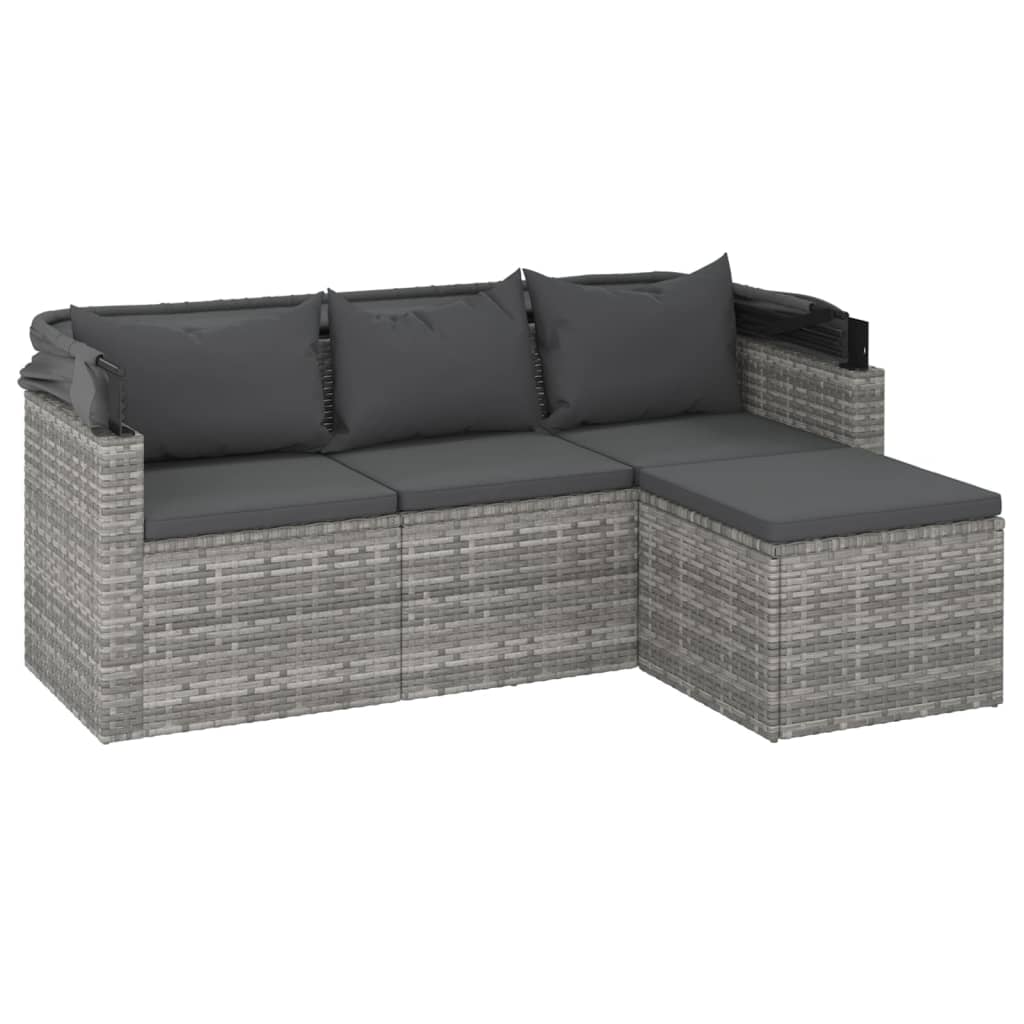 Canapé de jardin 3 places avec toit et repose-pieds en polyrotin gris