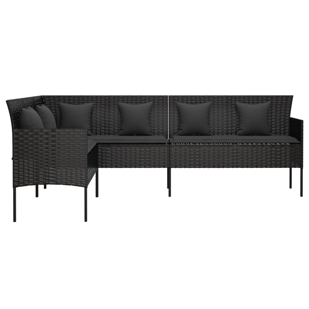 Gartensofa in L-Form mit Kissen Schwarz Poly Rattan