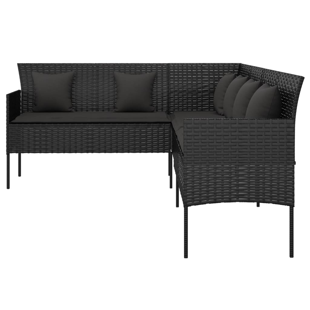 Gartensofa in L-Form mit Kissen Schwarz Poly Rattan