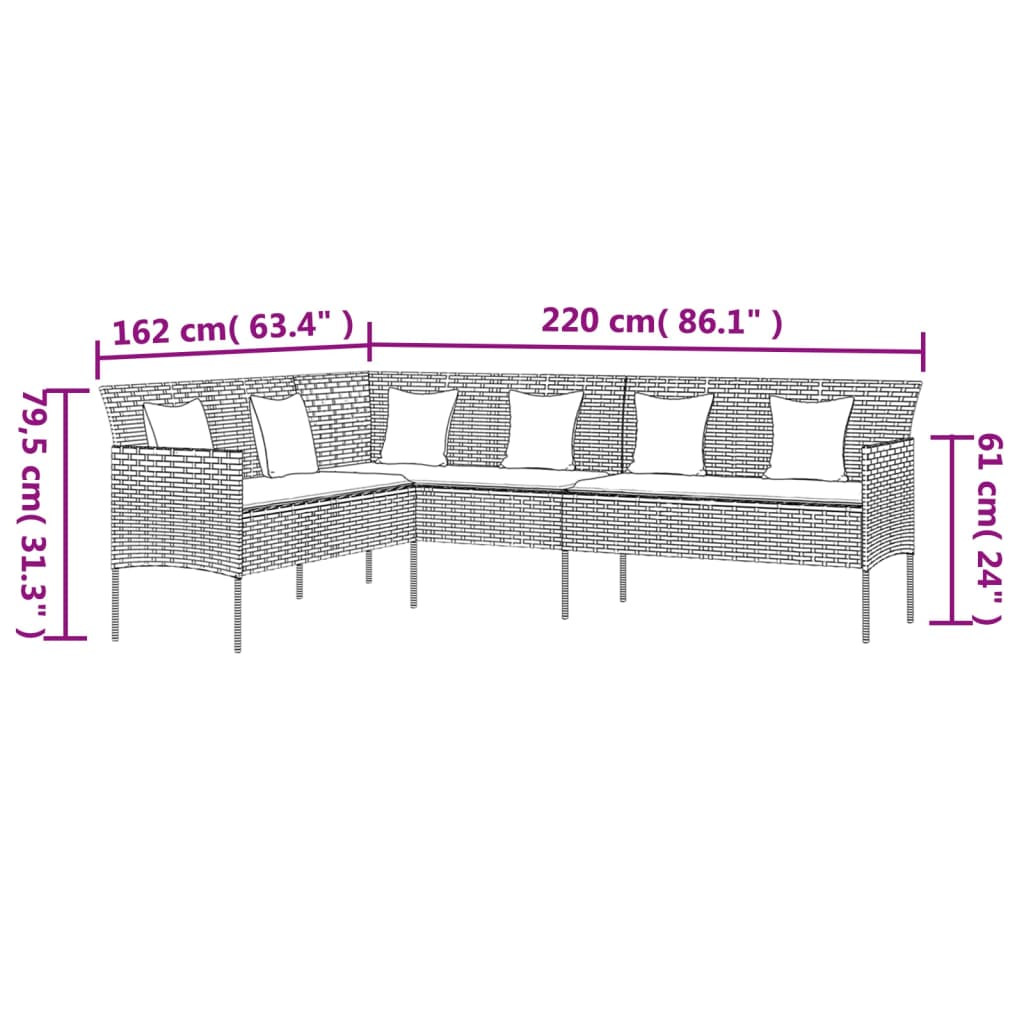 Gartensofa in L-Form mit Kissen Schwarz Poly Rattan