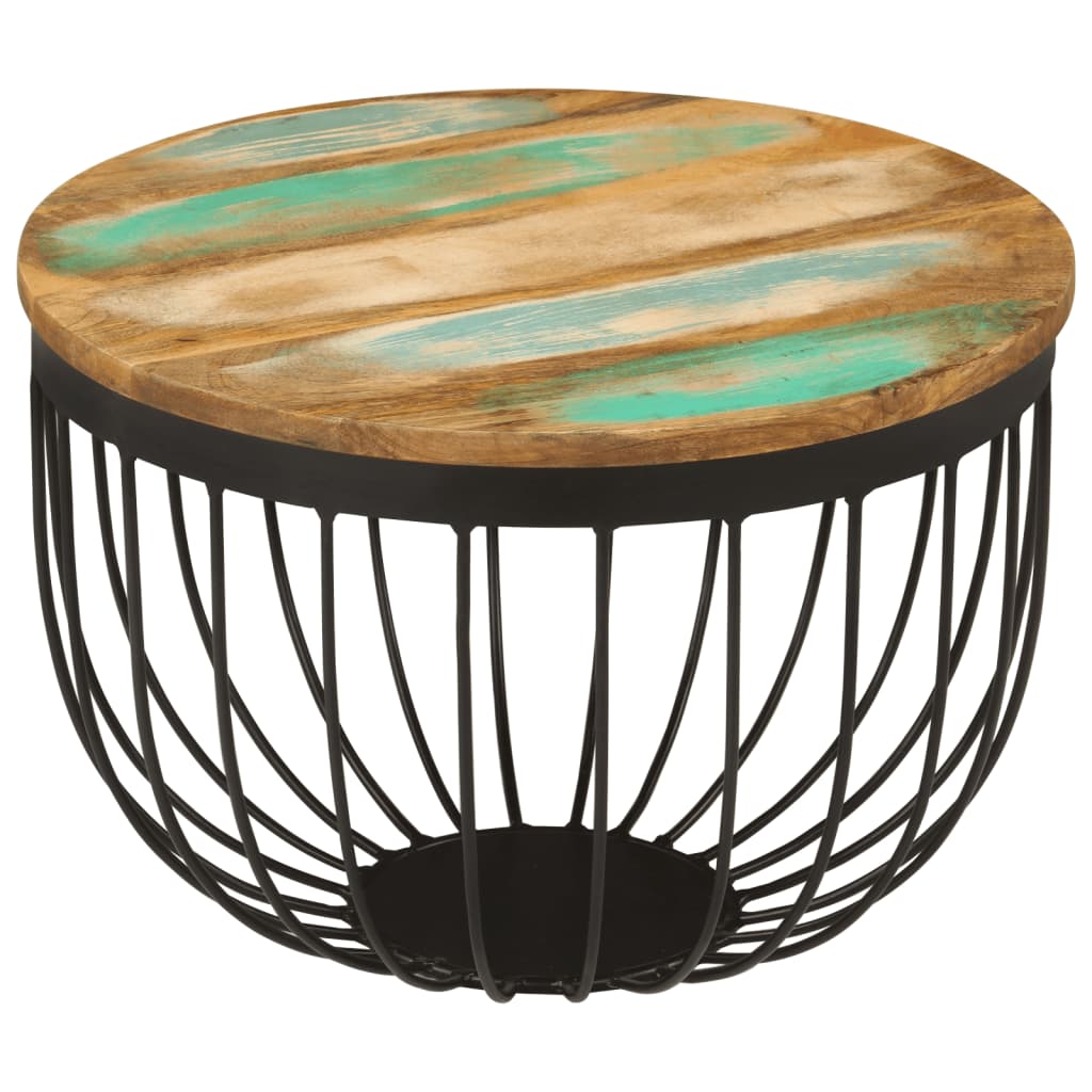 Table basse Ø50x35 cm en bois massif de récupération et acier