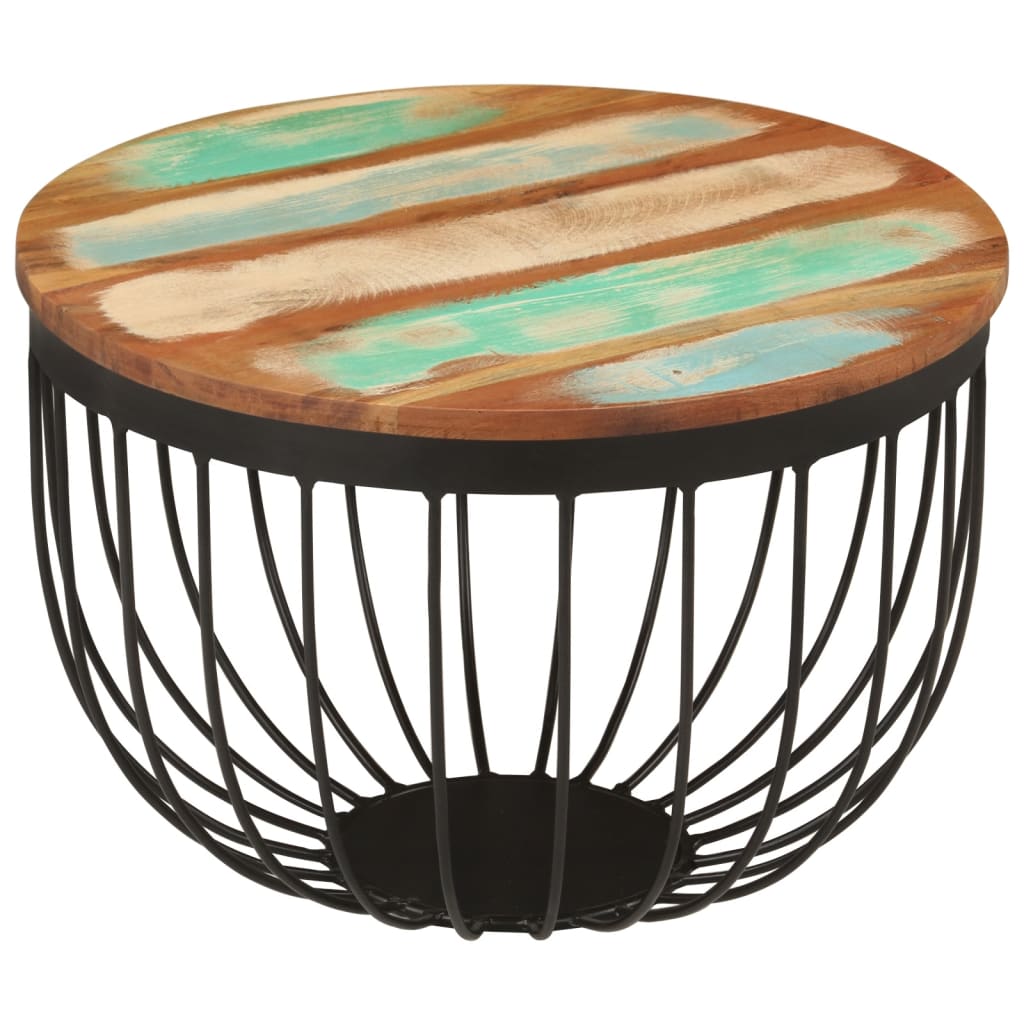 Table basse Ø50x35 cm en bois massif de récupération et acier