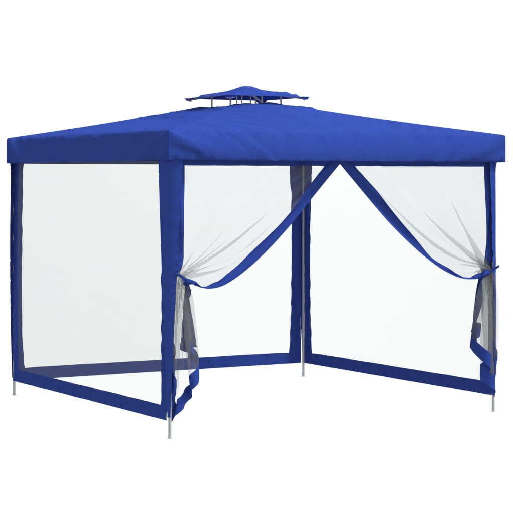 Pavillon à double toit en tissu bleu 3x3x2,68 m