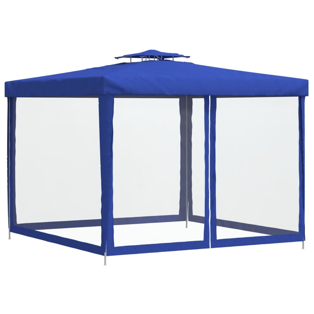 Pavillon à double toit en tissu bleu 3x3x2,68 m