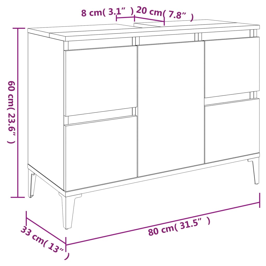 Meuble sous évier chêne fumé 80x33x60 cm en bois