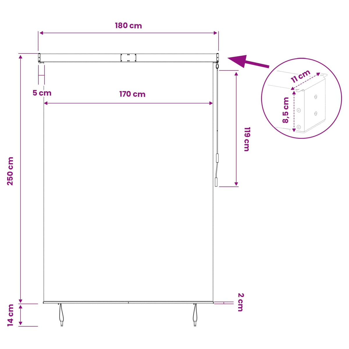 Rollo Anthrazit 180 x 250 cm Stoff und Aluminium