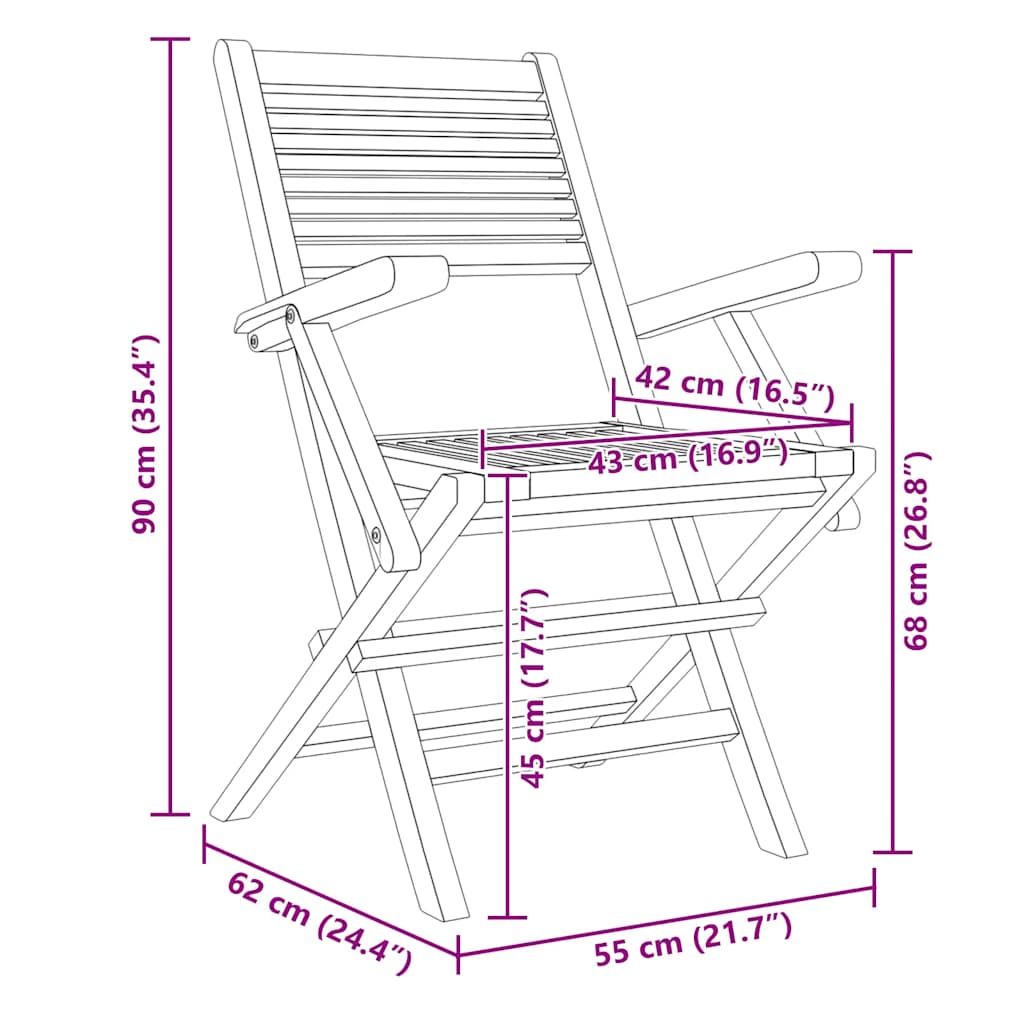 Klappstühle, 2 Stück, 55 x 62 x 90 cm, Massivholz Teak