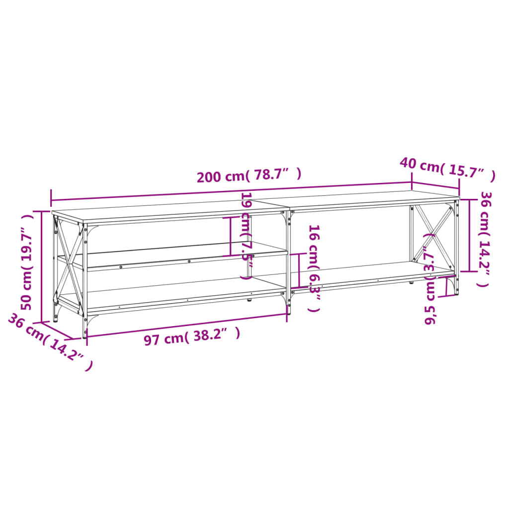 Meuble TV chêne marron 200x40x50 cm en bois et métal