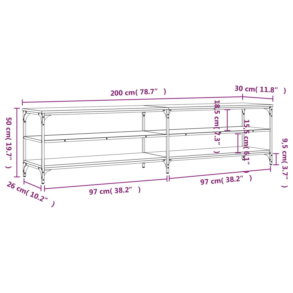 TV-Schrank Grau Sonoma 200x30x50 cm Holzwerkstoff und Metall