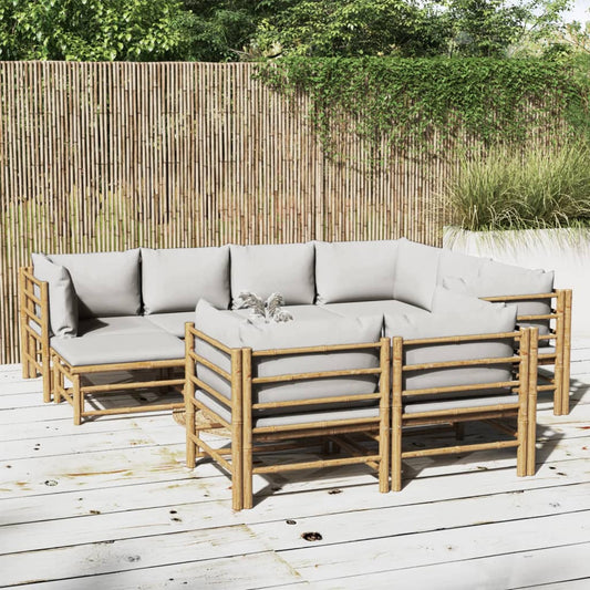 Salon de jardin 10 pièces avec coussins en bambou gris clair