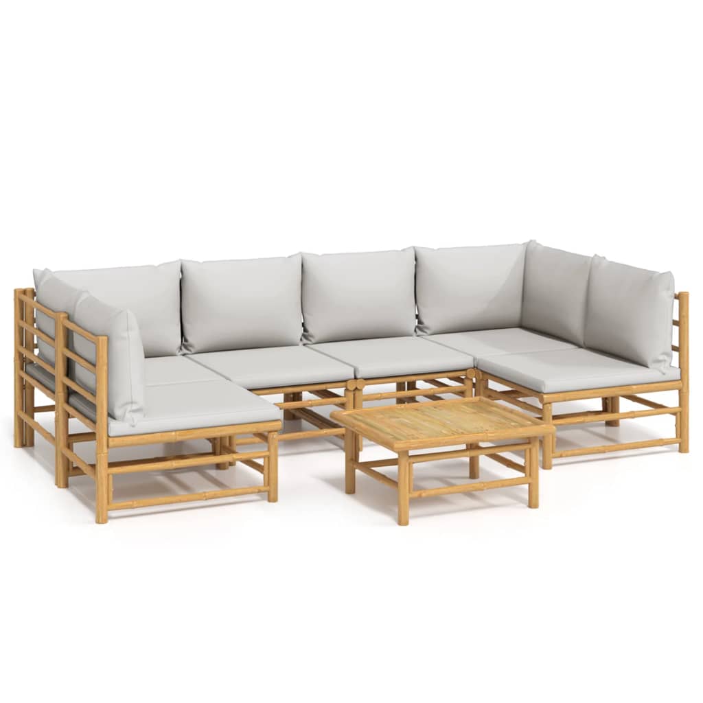 7-tlg. Garten-Lounge-Set mit Hellgrauen Kissen Bambus