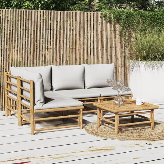 5-tlg. Garten-Lounge-Set mit Hellgrauen Kissen Bambus