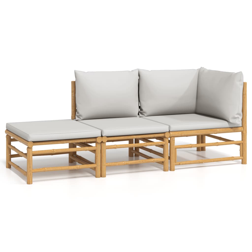3-tlg. Garten-Lounge-Set mit Hellgrauen Kissen Bambus