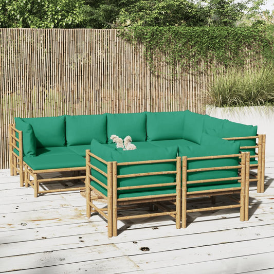 Salon de jardin 10 pièces avec coussins verts en bambou
