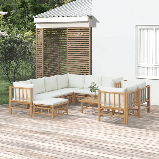 Salon de jardin 10 pièces avec coussins en bambou blanc crème
