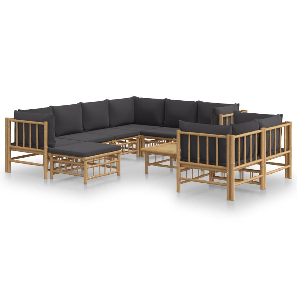 Salon de jardin 10 pièces avec coussins en bambou gris foncé