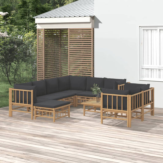 Salon de jardin 10 pièces avec coussins en bambou gris foncé