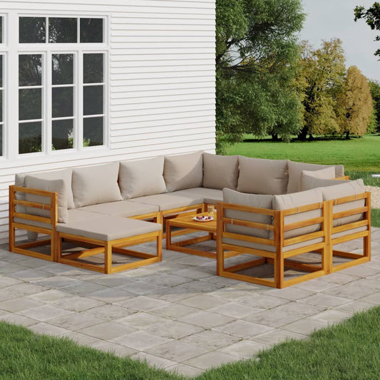 Salon de jardin 10 pièces avec coussins gris clair en bois massif