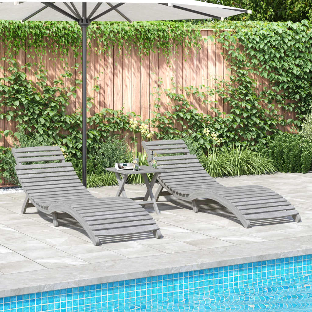 Chaises longues, lot de 2, gris, 184 x 55 x 64 cm, bois d'acacia massif