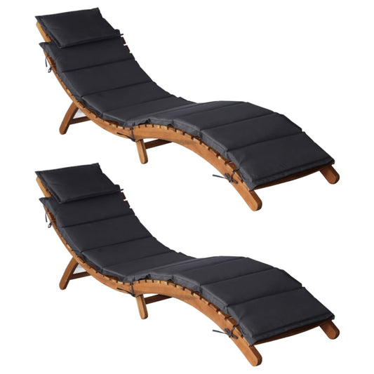 Chaises longues avec coussins, lot de 2, en bois d'acacia massif gris foncé