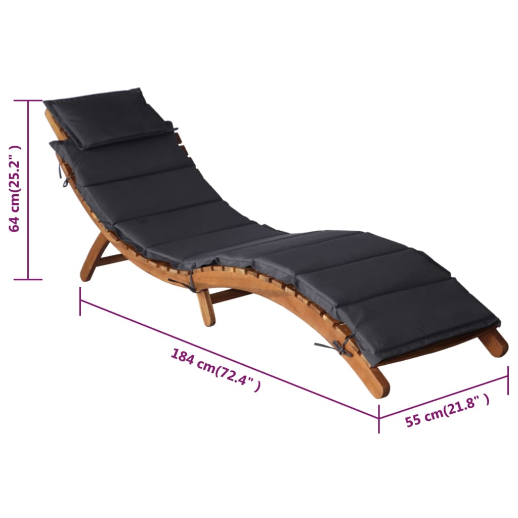 Chaises longues avec coussins, lot de 2, en bois d'acacia massif gris foncé