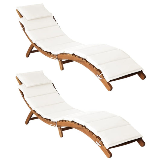 Chaises longues avec coussins, lot de 2, en bois d'acacia massif blanc crème