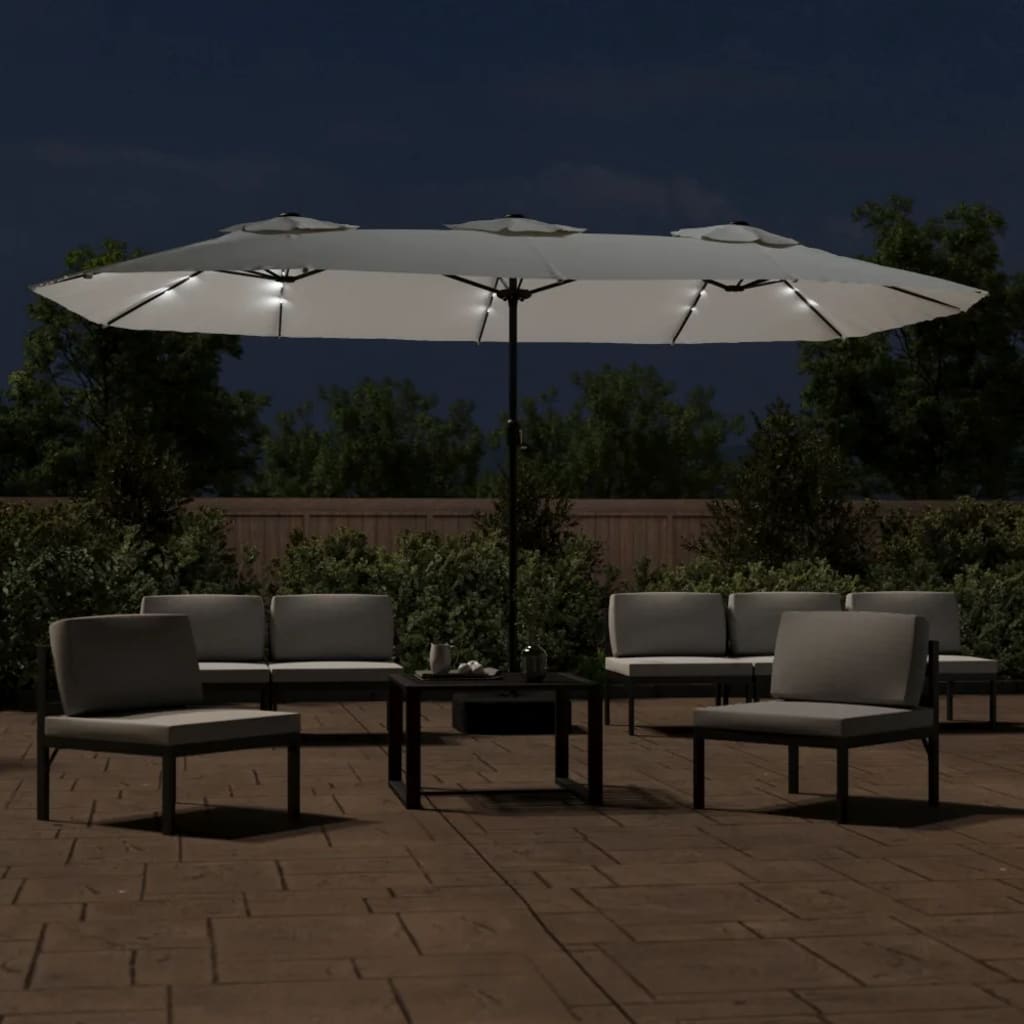 Parasol double avec lumières LED blanc sable 449x245 cm