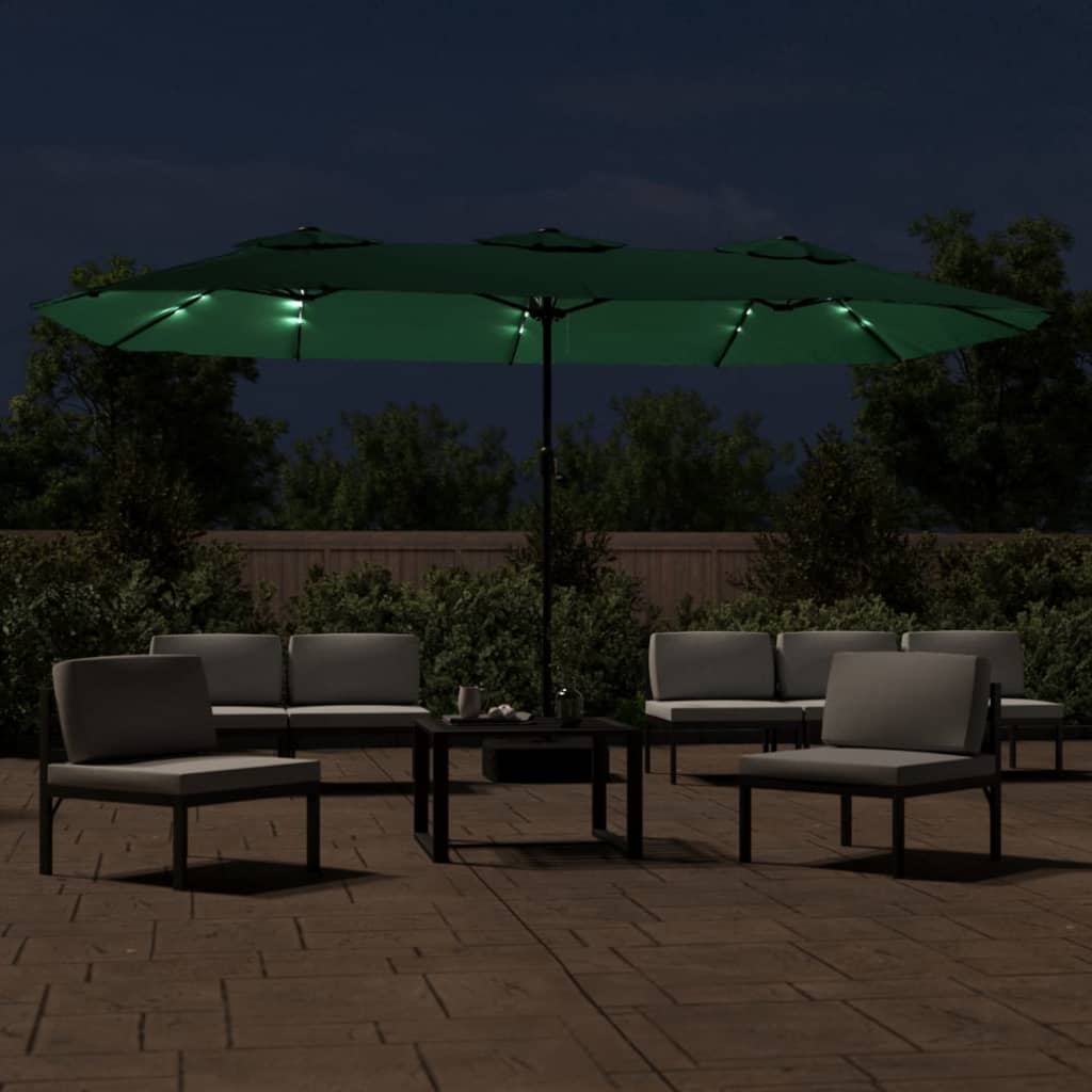 Parasol double avec lumières LED vert 449x245 cm