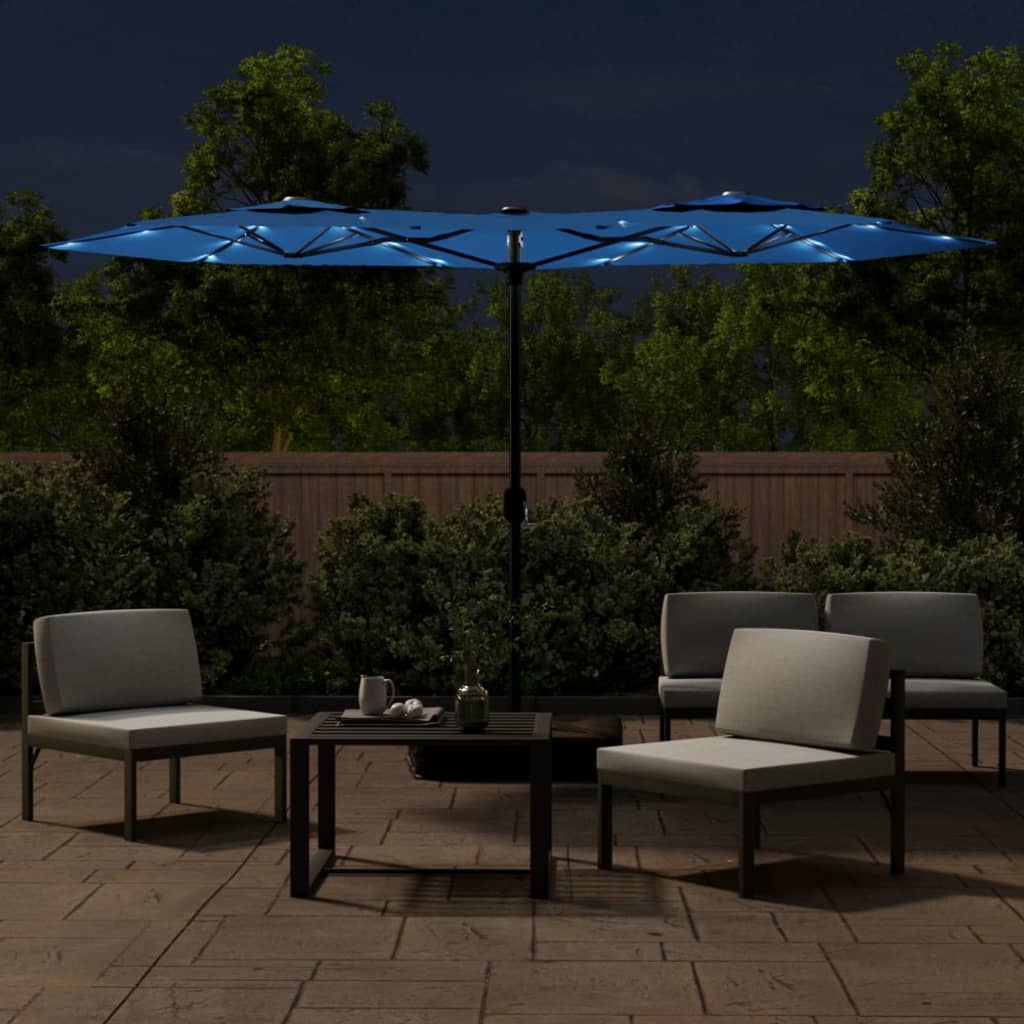 Parasol double avec lumières LED bleu azur 316x240 cm