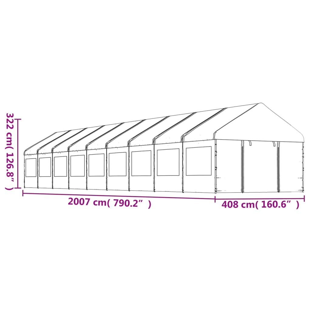 Pavillon avec toit blanc 20,07x4,08x3,22 m en polyéthylène