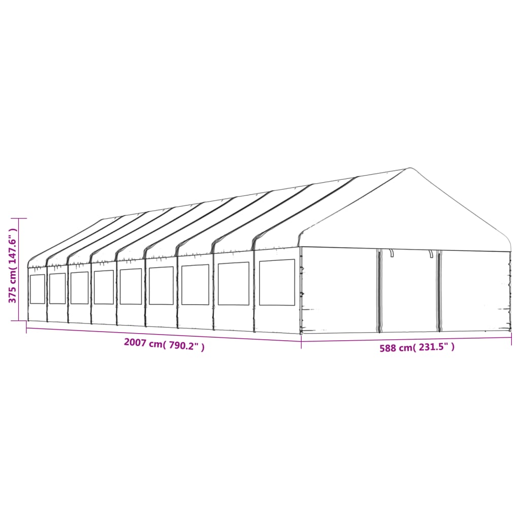 Pavillon avec toit blanc 20,07x5,88x3,75 m en polyéthylène