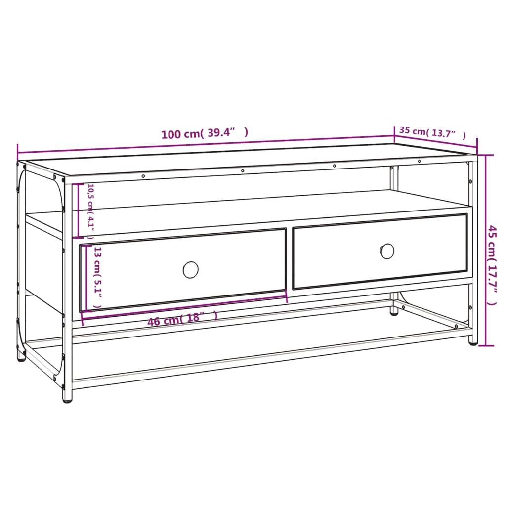 Meuble TV aspect chêne marron 100x35x45 cm matériau bois