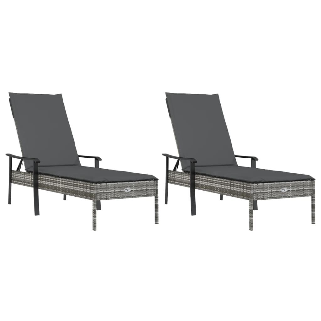 Sun loungers 2 pcs. with table and cushions grey poly rattan