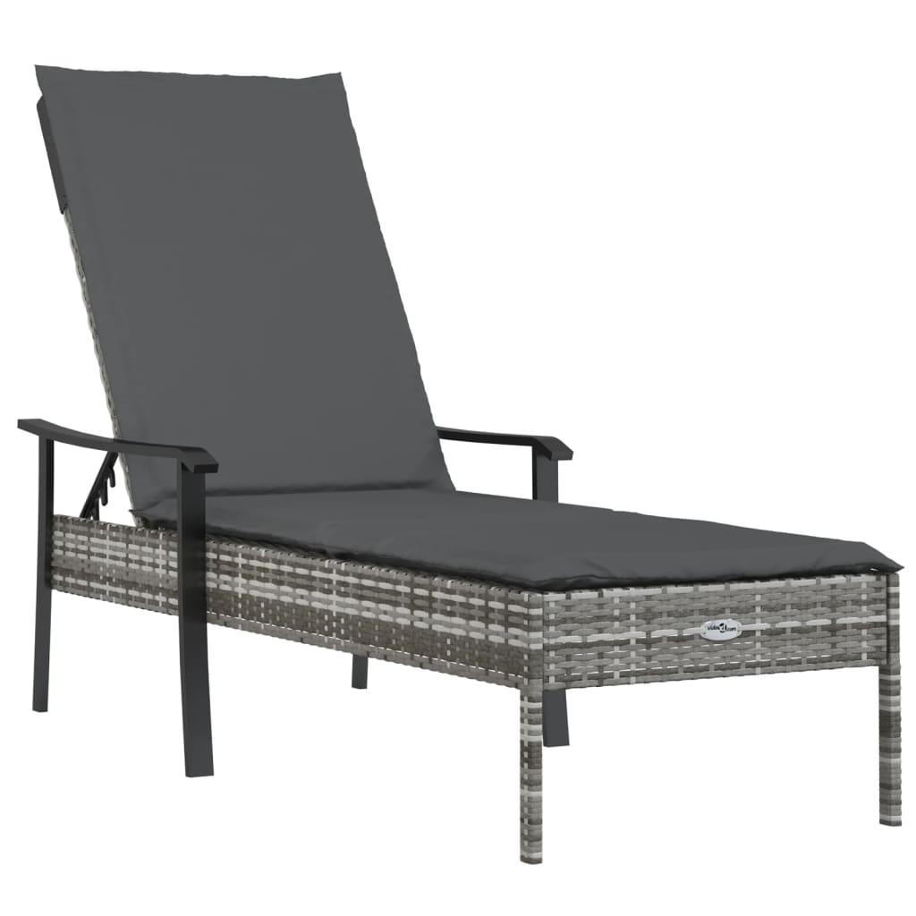 Sun loungers 2 pcs. with table and cushions grey poly rattan