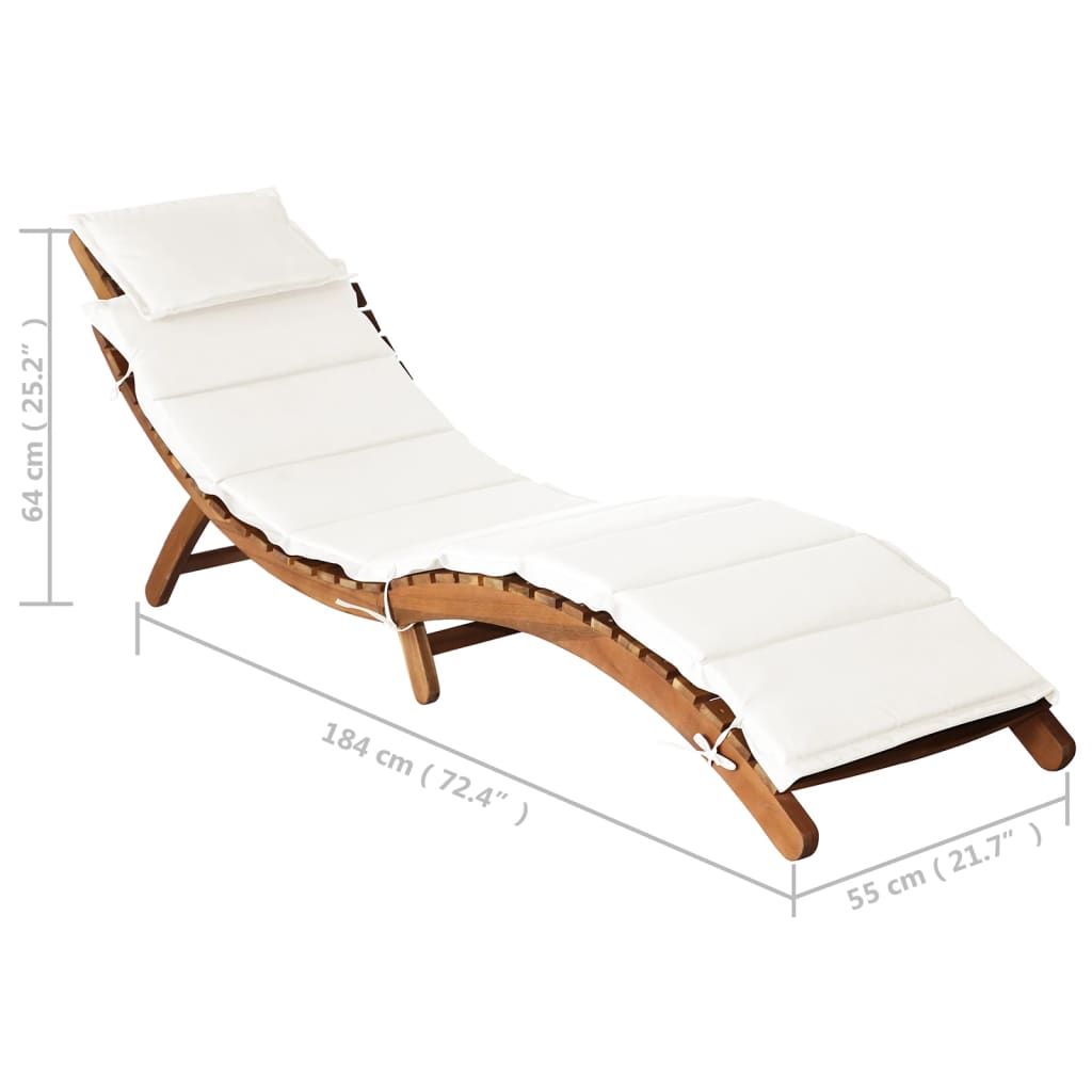 Chaise longue avec coussin crème en bois d'acacia massif