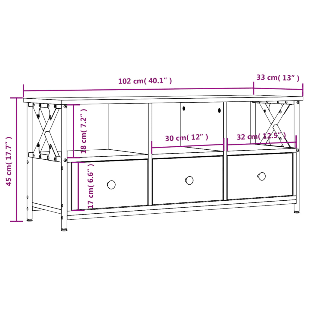 Meuble TV chêne Sonoma 102x33x45 cm en bois et fer