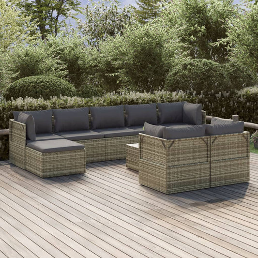 10 pièces. Salon de jardin avec coussins en polyrotin gris