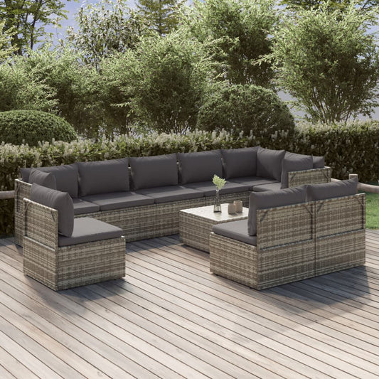 10 pièces. Salon de jardin avec coussins en polyrotin gris