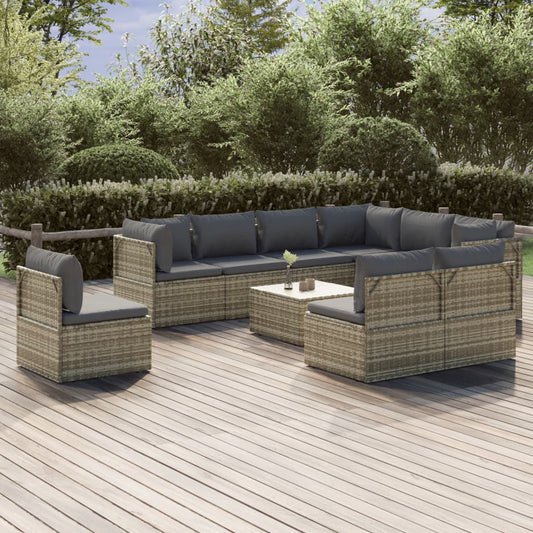 10 pièces. Salon de jardin avec coussins en polyrotin gris