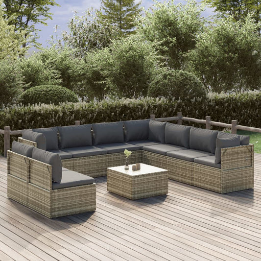 10 pièces. Salon de jardin avec coussins en polyrotin gris