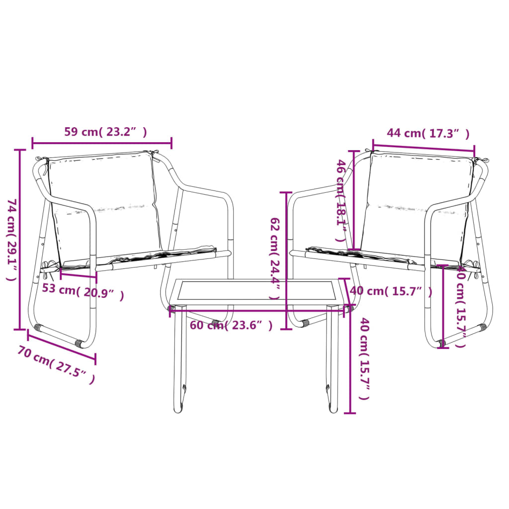 3-tlg. Garten-Lounge-Set mit Kissen Anthrazit Stahl