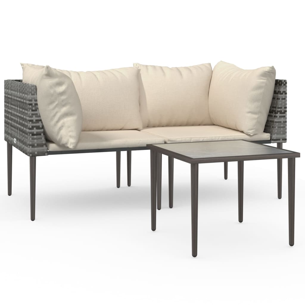 3-tlg. Garten-Lounge-Set mit Kissen Grau Poly Rattan