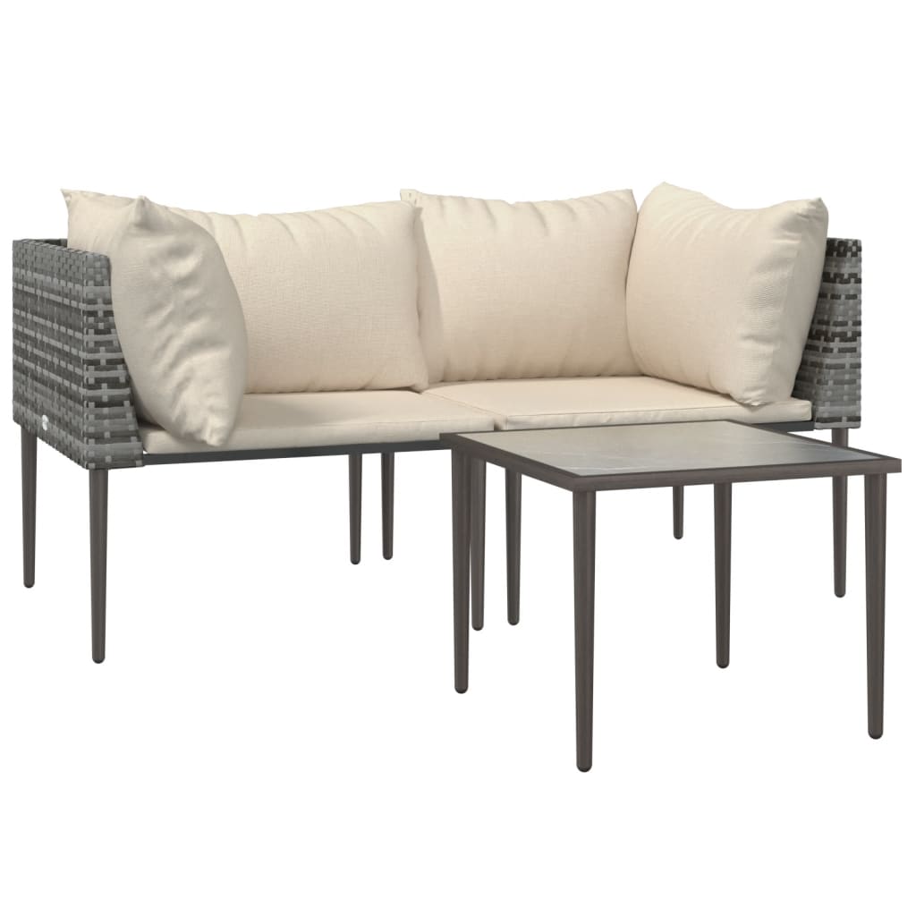 3-tlg. Garten-Lounge-Set mit Kissen Grau Poly Rattan