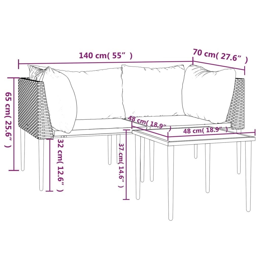 3-tlg. Garten-Lounge-Set mit Kissen Grau Poly Rattan