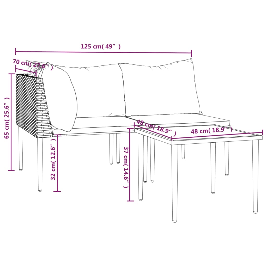 3-tlg. Garten-Lounge-Set mit Kissen Grau Poly Rattan