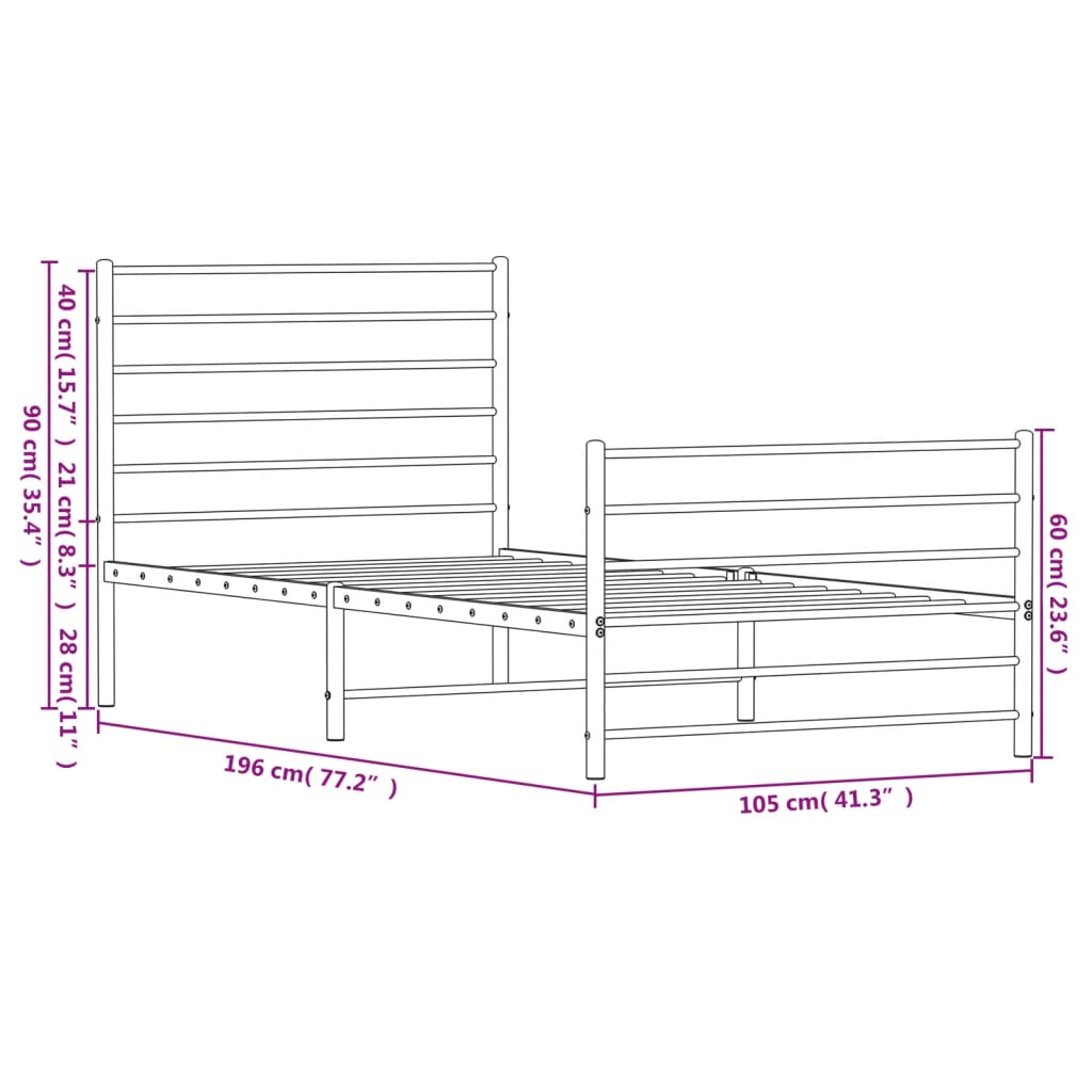 Bed frame with head and footboard metal black 100x190 cm
